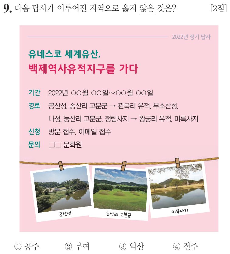 9번 문항: 다음 답사가 이루어진 지역으로 옳지 않은 것은?