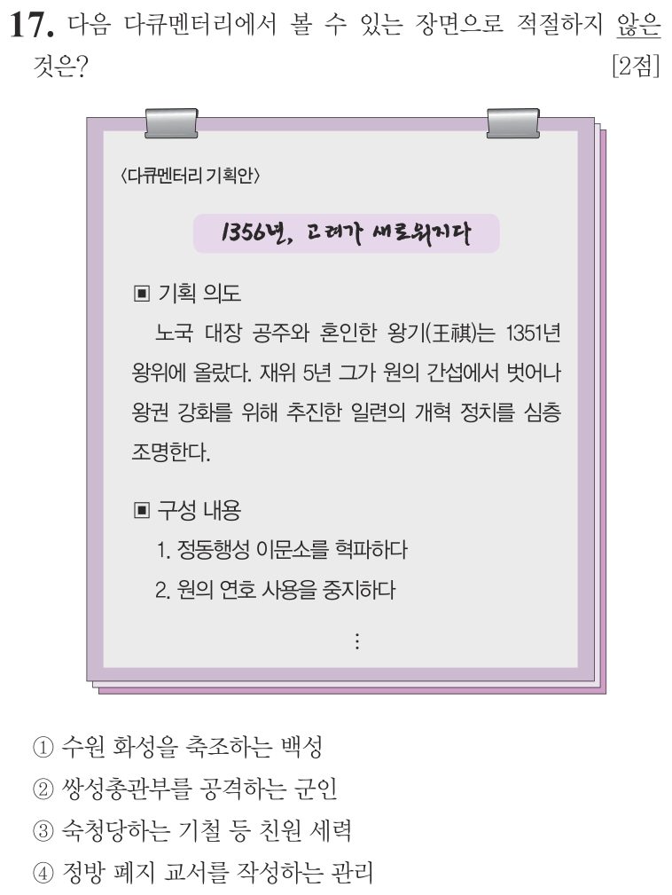 17번 문항: 다음 다큐멘터리에서 볼 수 있는 장면으로 적절하지 않은 것은?