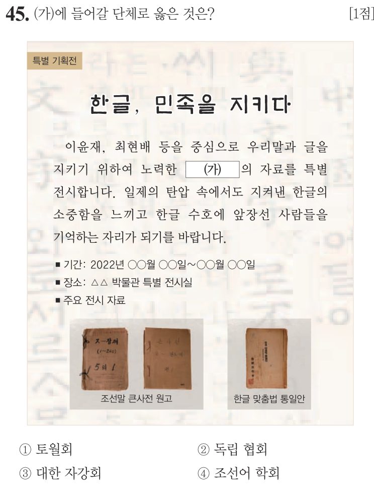 45번 문항: (가)에 들어갈 단체로 옳은 것은?