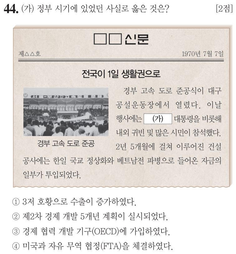44번 문항: (가) 정부 시기에 있었던 사실로 옳은 것은?