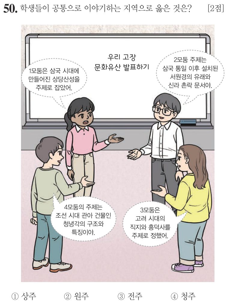 50번 문항: 학생들이 공통으로 이야기하는 지역으로 옳은 것은?