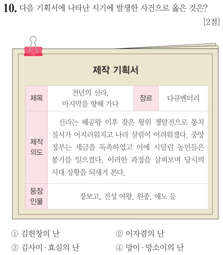 10번 문항: 다음 기획서에 나타난 시기에 발생한 사건으로 옳은 것은?
