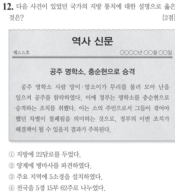 12번 문항: 다음 사건이 있었던 국가의 지방 통치에 대한 설명으로 옳은 것은?