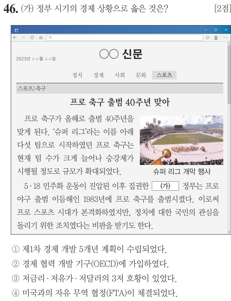 46번 문항: (가) 정부 시기의 경제 상황으로 옳은 것은?