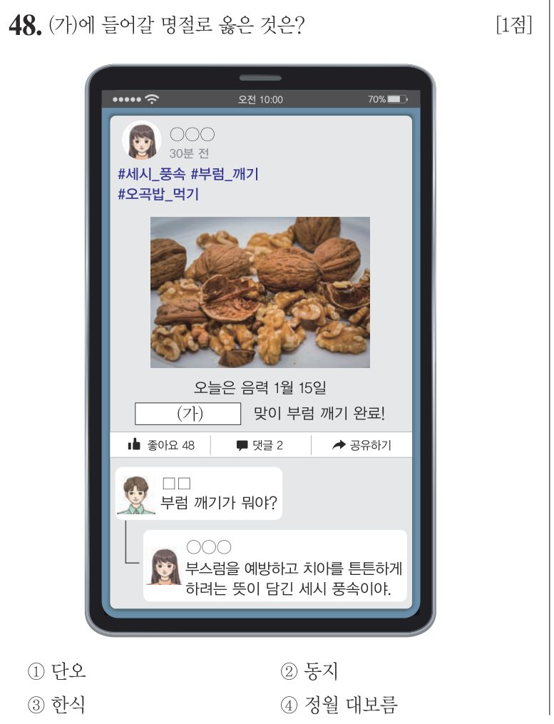 48번 문항: (가)에 들어갈 명절로 옳은 것은?