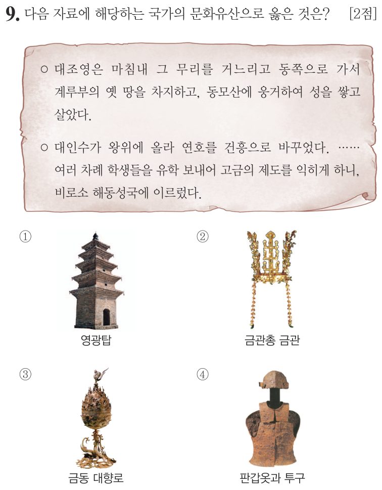 9번 문항: 다음 자료에 해당하는 국가의 문화유산으로 옳은 것은?