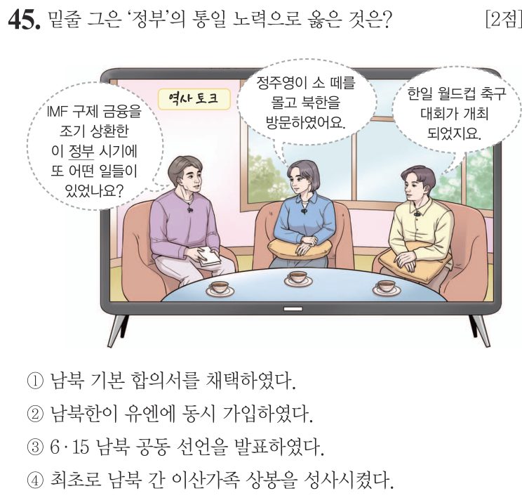45번 문항: 밑줄 그은 ‘정부’의 통일 노력으로 옳은 것은?