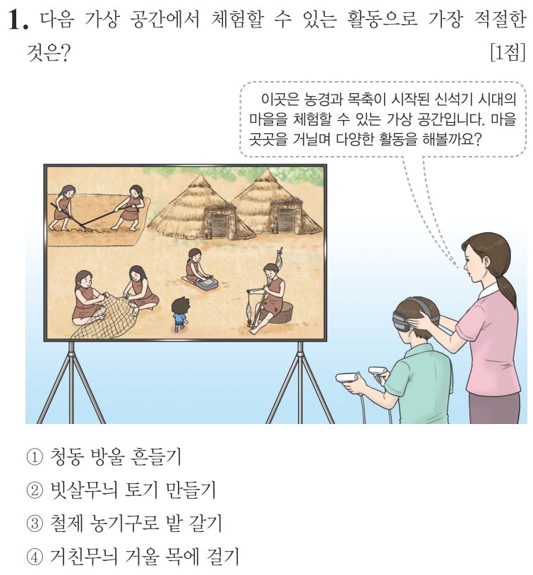 1번 문항: 다음 가상 공간에서 체험할 수 있는 활동으로 가장 적절한 것은?