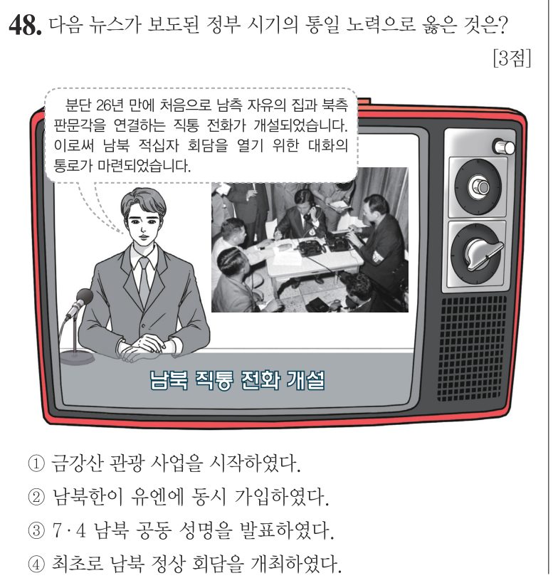 48번 문항: 다음 뉴스가 보도된 정부 시기의 통일 노력으로 옳은 것은?