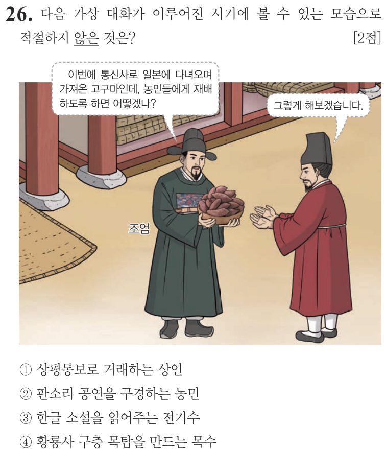 26번 문항: 다음 가상 대화가 이루어진 시기에 볼 수 있는 모습으로 적절하지 않은 것은?