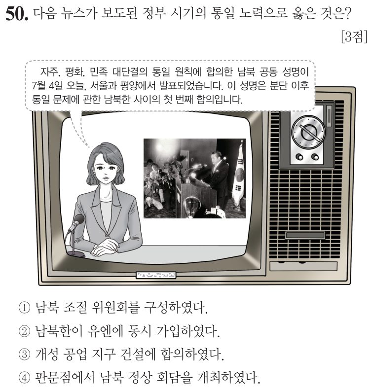 50번 문항: 다음 뉴스가 보도된 정부 시기의 통일 노력으로 옳은 것은?
