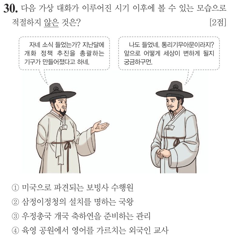 30번 문항: 다음 가상 대화가 이루어진 시기 이후에 볼 수 있는 모습으로 적절하지 않은 것은?