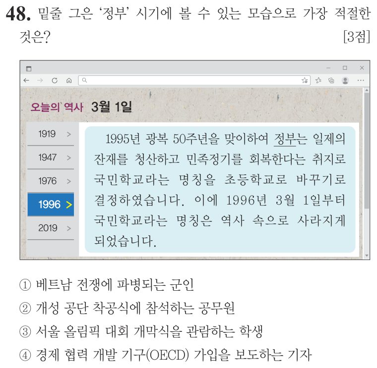 48번 문항: 밑줄 그은 '정부' 시기에 볼 수 있는 모습으로 가장 적절한 것은?