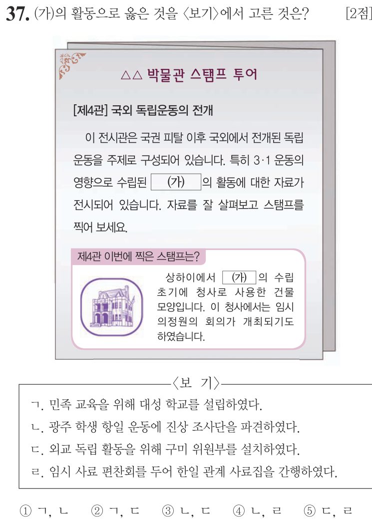 37번 문항: (가)의 활동으로 옳은 것을 <보기>에서 고른 것은?