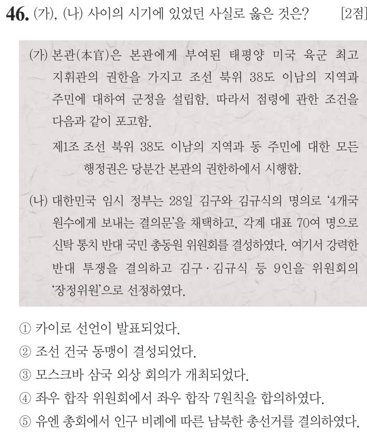46번 문항: (가), (나) 사이의 시기에 있었던 사실로 옳은 것은?