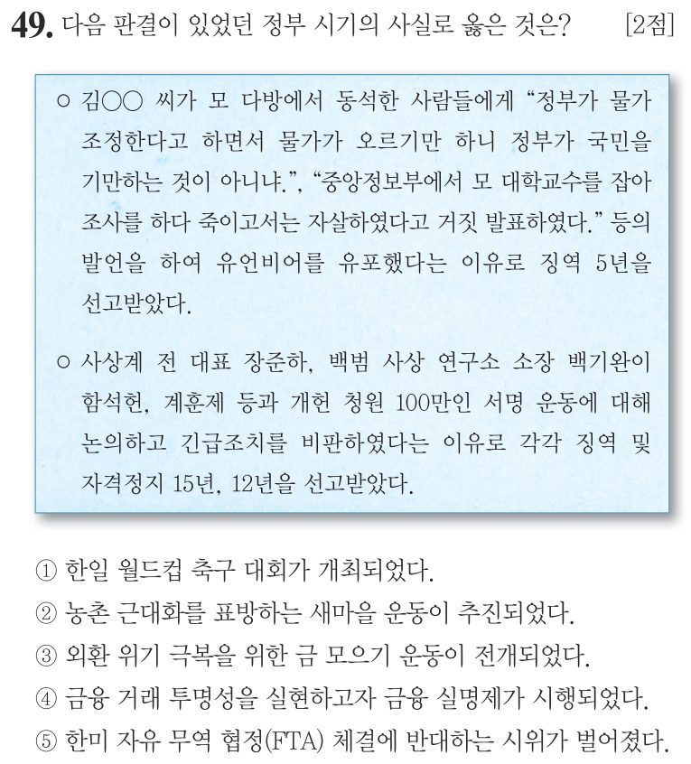 49번 문항: 다음 판결이 있었던 정부 시기의 사실로 옳은 것은?
