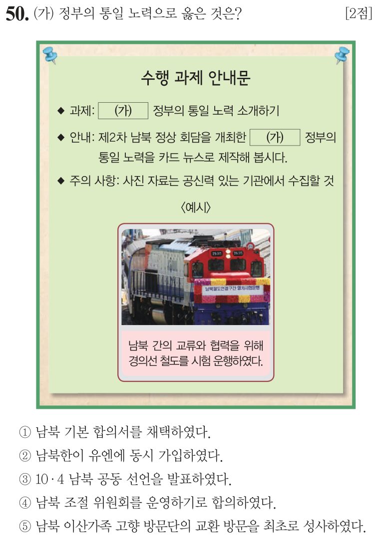 50번 문항: (가) 정부의 통일 노력으로 옳은 것은?