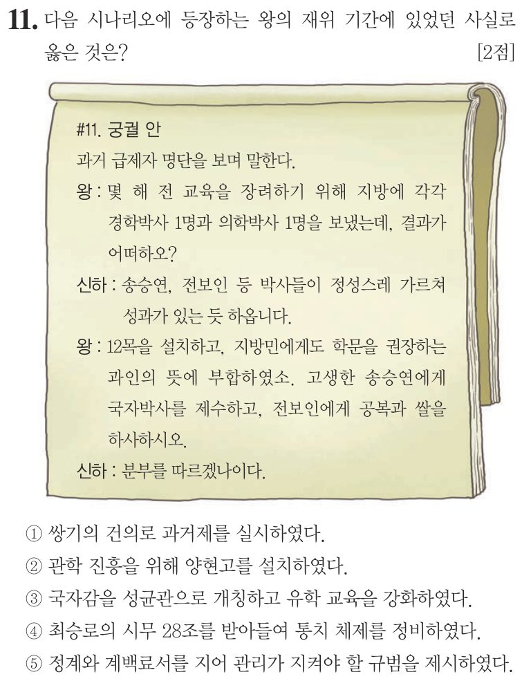 11번 문항: 다음 시나리오에 등장하는 왕의 재위 기간에 있었던 사실로 옳은 것은?