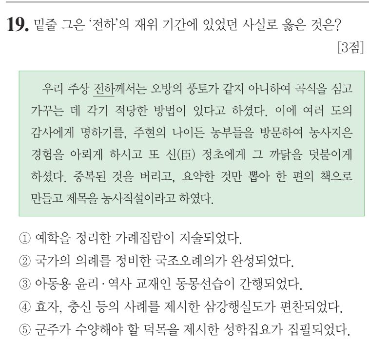 19번 문항: 밑줄 그은 '전하'의 재위 기간에 있었던 사실로 옳은 것은?