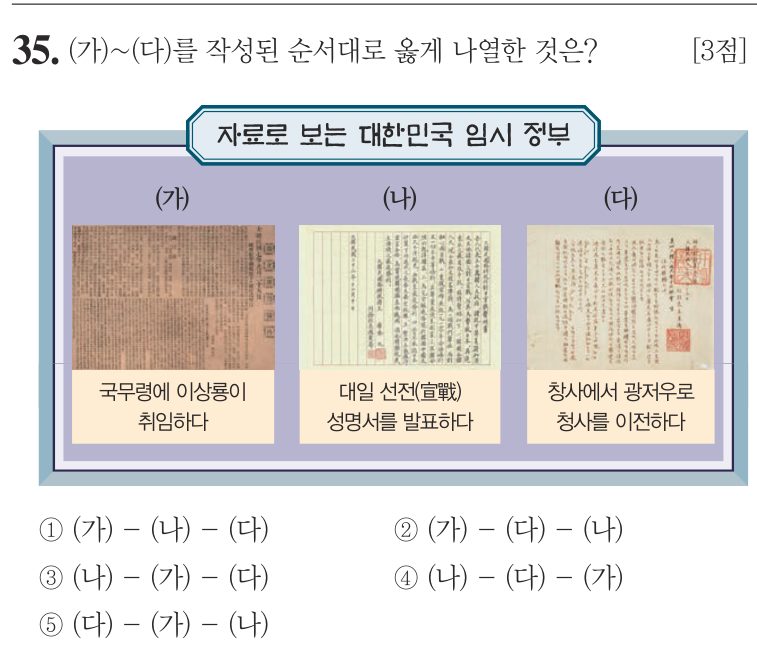 35번 문항: (가)~(다)를 작성된 순서대로 옳게 나열한 것은?