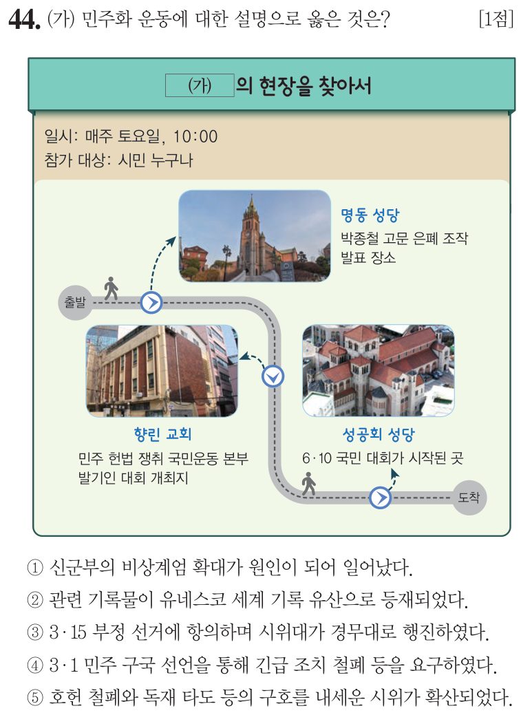 44번 문항: (가) 민주화 운동에 대한 설명으로 옳은 것은?