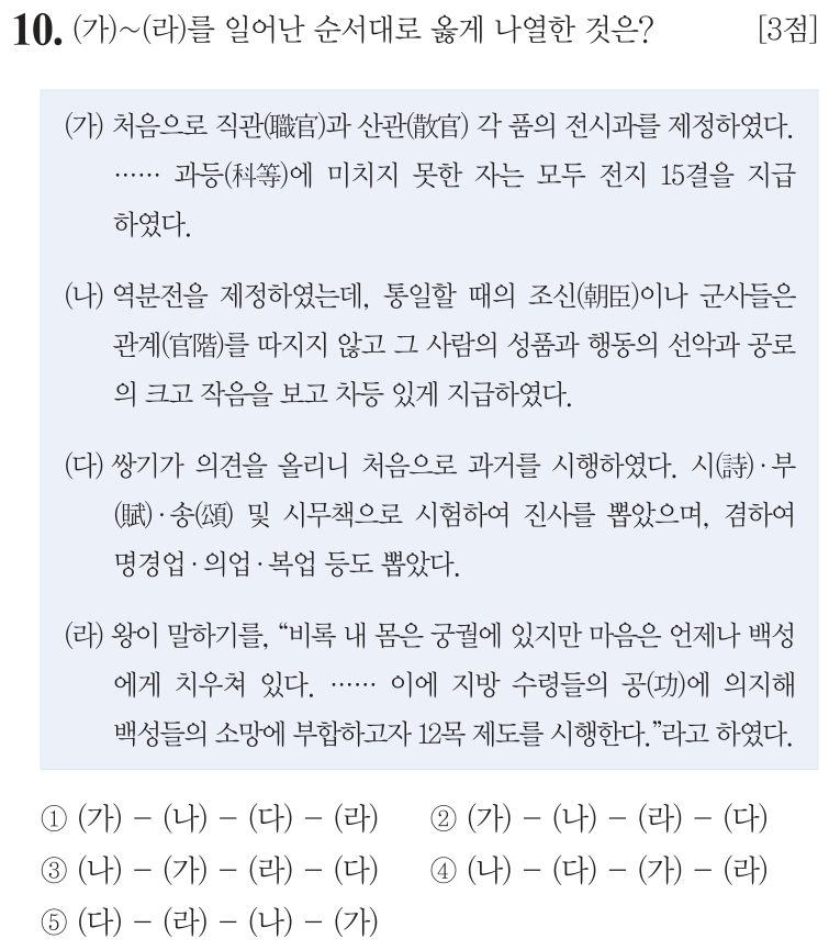 10번 문항: (가)~(라)를 일어난 순서대로 옳게 나열한 것은?