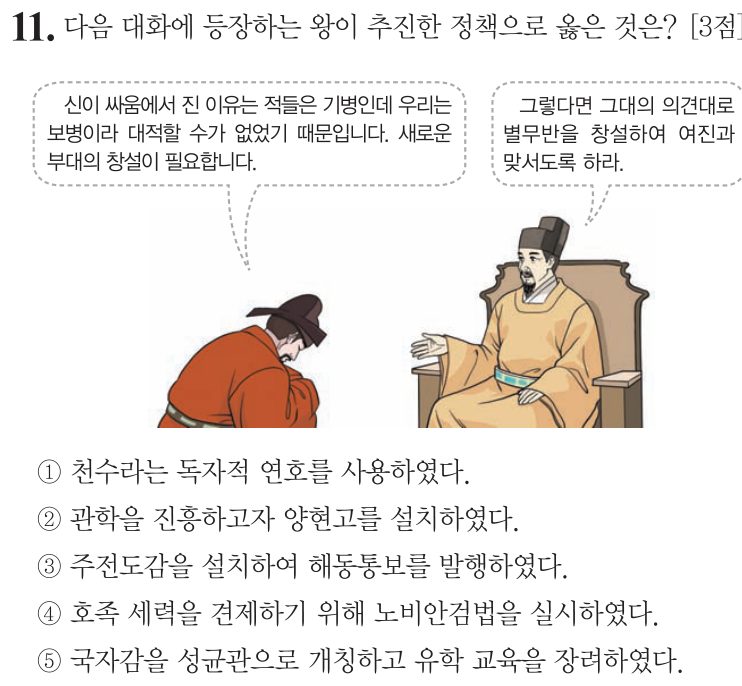 11번 문항: 다음 대화에 등장하는 왕이 추진한 정책으로 옳은 것은?