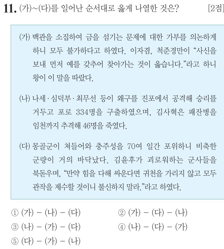 11번 문항: (가)~(다)를 일어난 순서대로 옳게 나열한 것은?