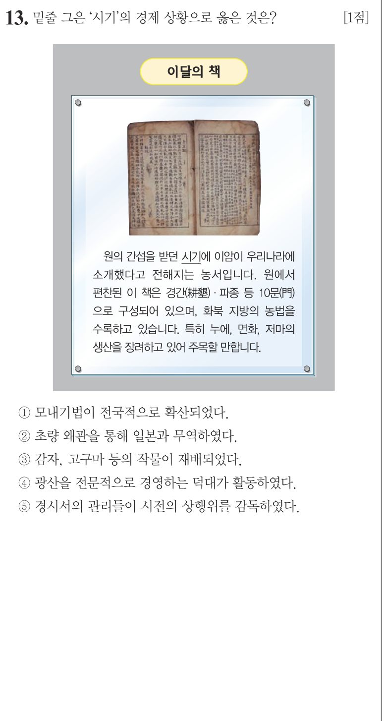 13번 문항: 밑줄 그은 ‘시기’의 경제 상황으로 옳은 것은?