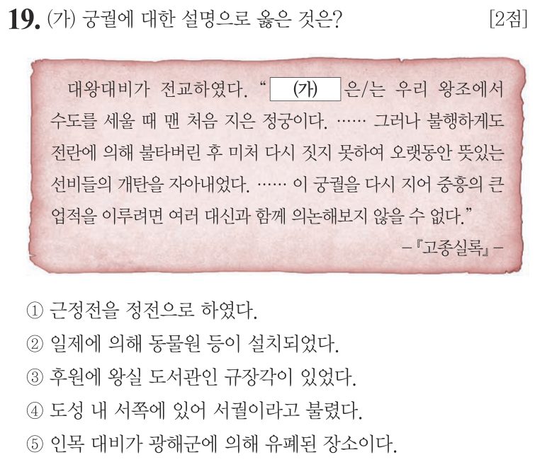 19번 문항: (가) 궁궐에 대한 설명으로 옳은 것은?