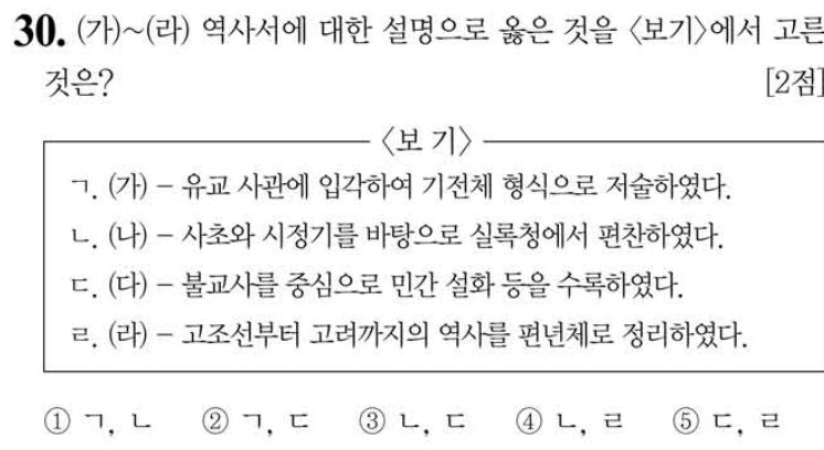 30번 문항: (가)~(라) 역사서에 대한 설명으로 옳은 것을 <보기>에서 고른 것은?