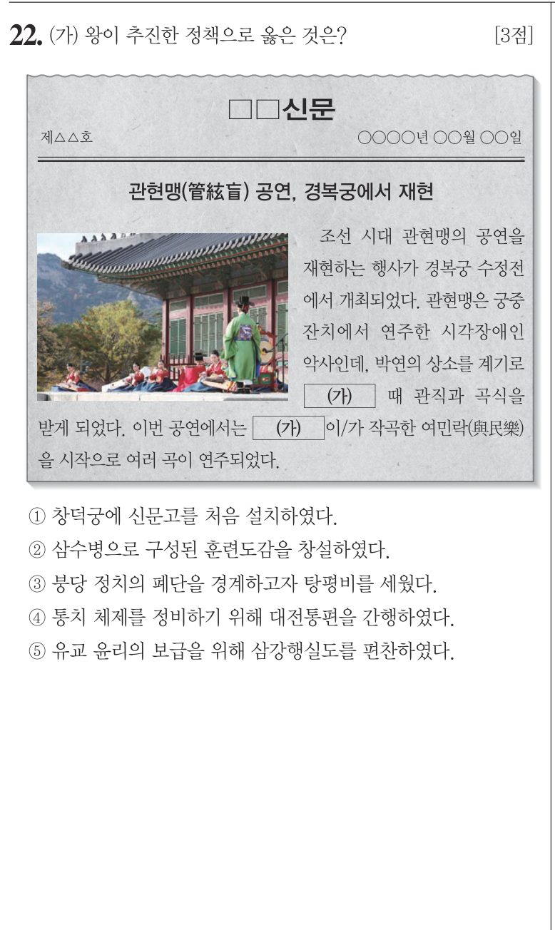 22번 문항: (가) 왕이 추진한 정책으로 옳은 것은?