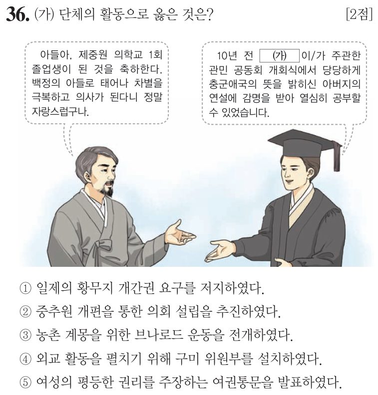 36번 문항: (가) 단체의 활동으로 옳은 것은?