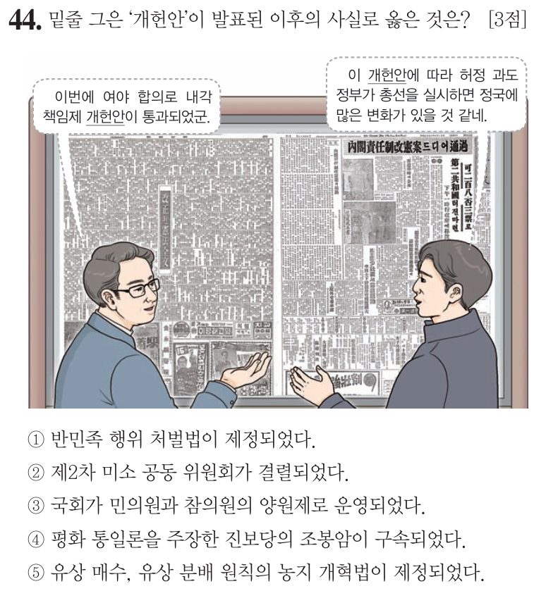 44번 문항: 밑줄 그은 ‘개헌안’이 발표된 이후의 사실로 옳은 것은?