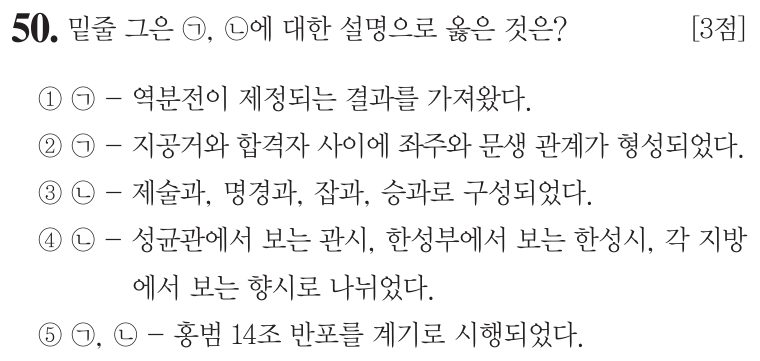 50번 문항: 밑줄 그은 ㉠, ㉡에 대한 설명으로 옳은 것은?