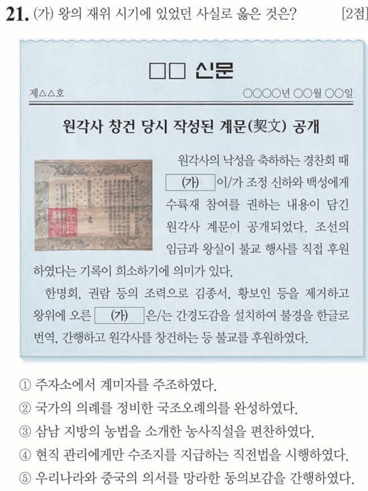 21번 문항: (가) 왕의 재위 시기에 있었던 사실로 옳은 것은?