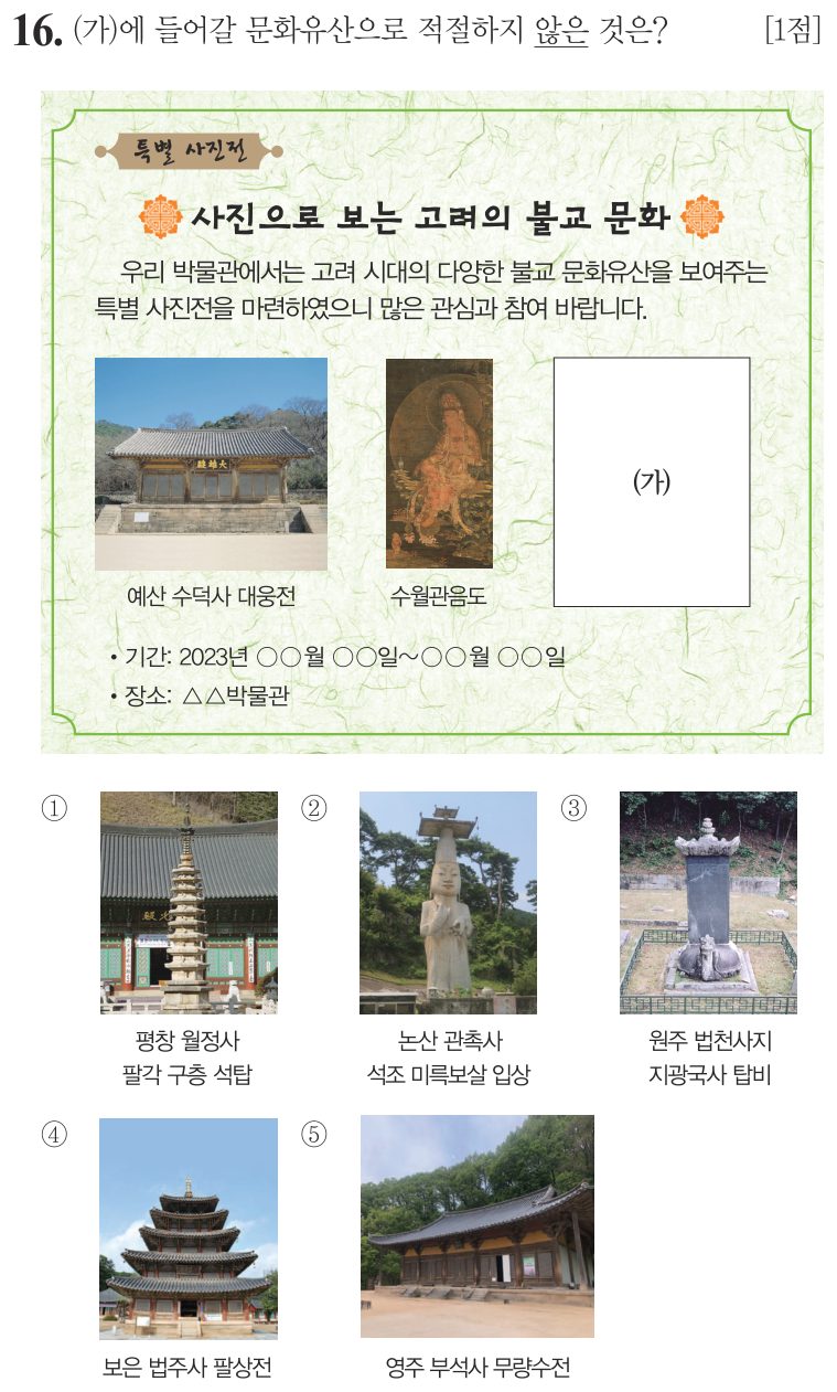 16번 문항: (가)에 들어갈 문화유산으로 적절하지 않은 것은?