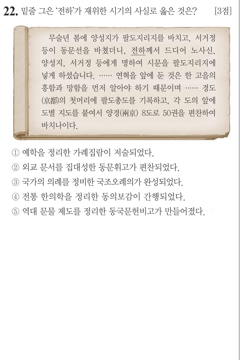22번 문항: 밑줄 그은 ‘전하’가 재위한 시기의 사실로 옳은 것은?