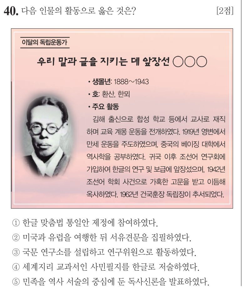 40번 문항: 다음 인물의 활동으로 옳은 것은?