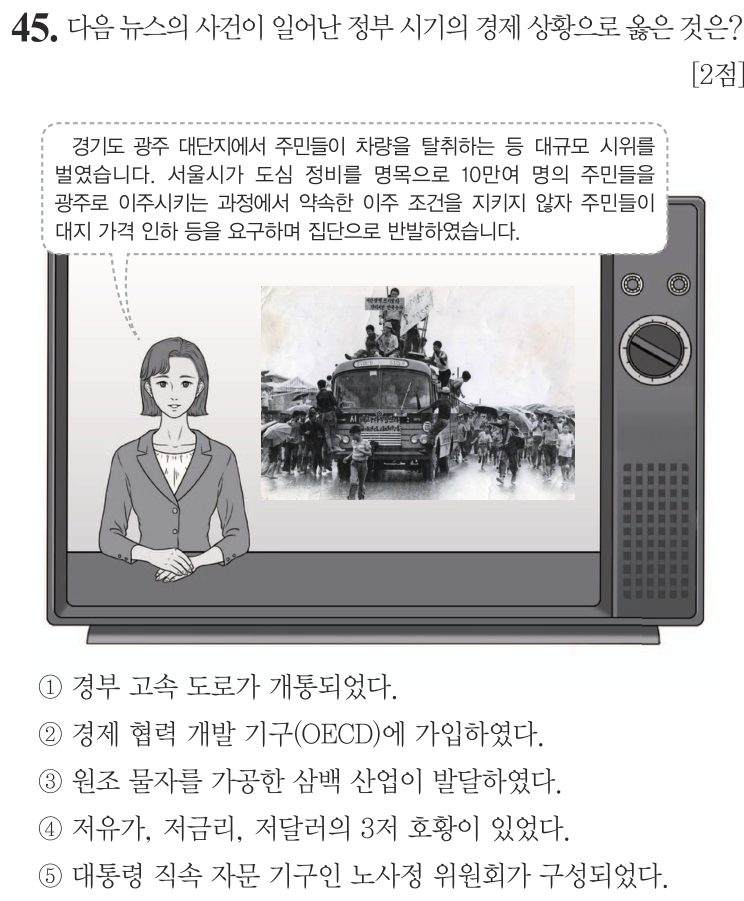 45번 문항: 다음 뉴스의 사건이 일어난 정부 시기의 경제 상황으로 옳은 것은?
