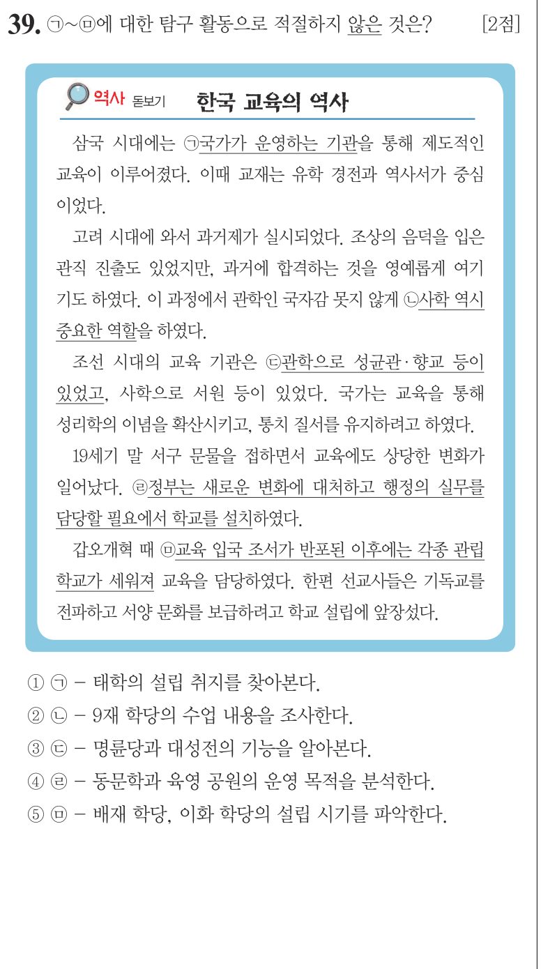 39번 문항: ㉠~㉤에 대한 탐구 활동으로 적절하지 않은 것은?