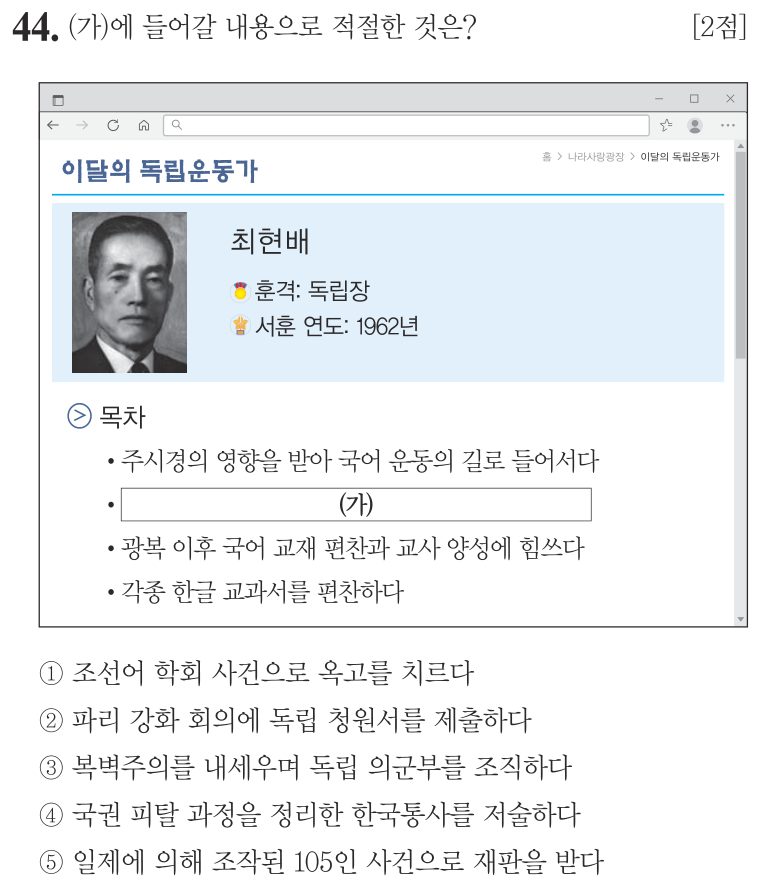 44번 문항: (가)에 들어갈 내용으로 적절한 것은?