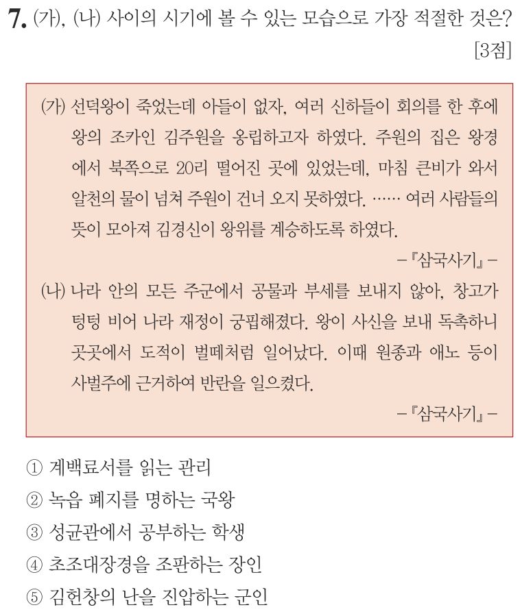 7번 문항: (가), (나) 사이의 시기에 볼 수 있는 모습으로 가장 적절한 것은?