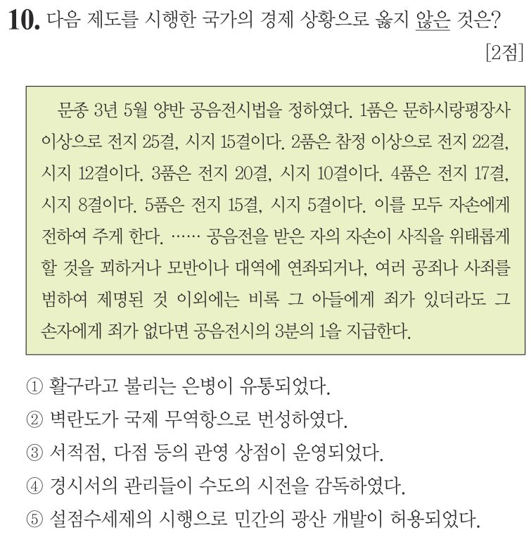 10번 문항: 다음 제도를 시행한 국가의 경제 상황으로 옳지 않은 것은?