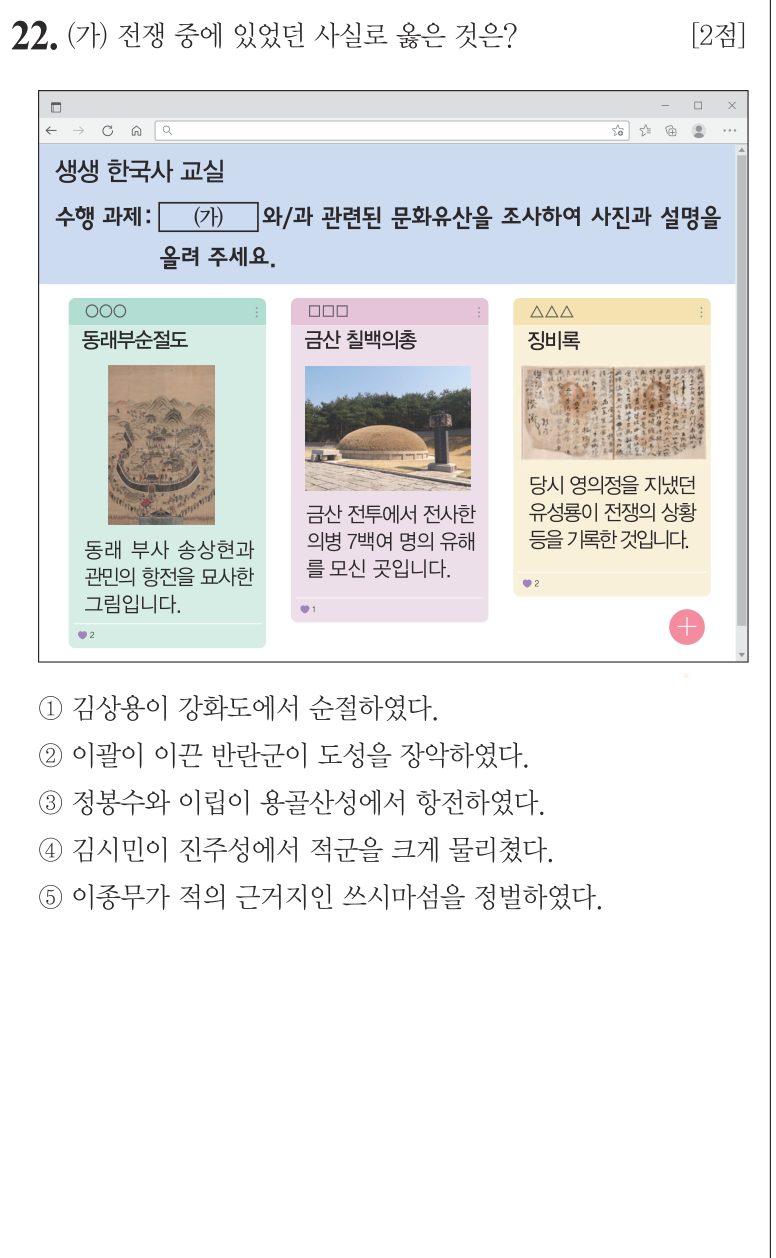 22번 문항: (가) 전쟁 중에 있었던 사실로 옳은 것은?