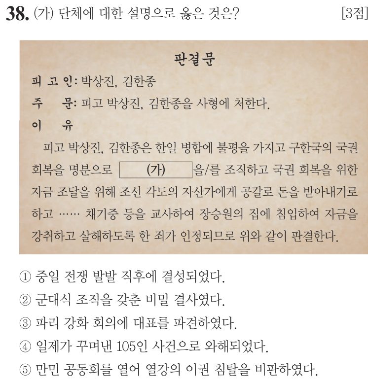 38번 문항: (가) 단체에 대한 설명으로 옳은 것은?