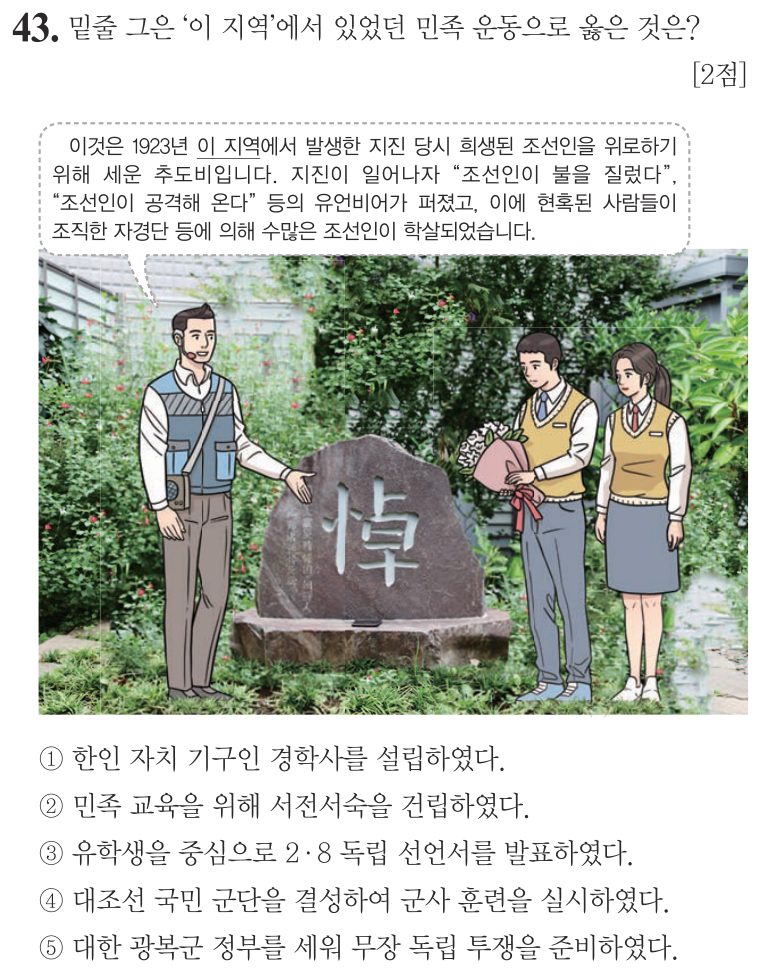43번 문항: 밑줄 그은 ‘이 지역’에서 있었던 민족 운동으로 옳은 것은?