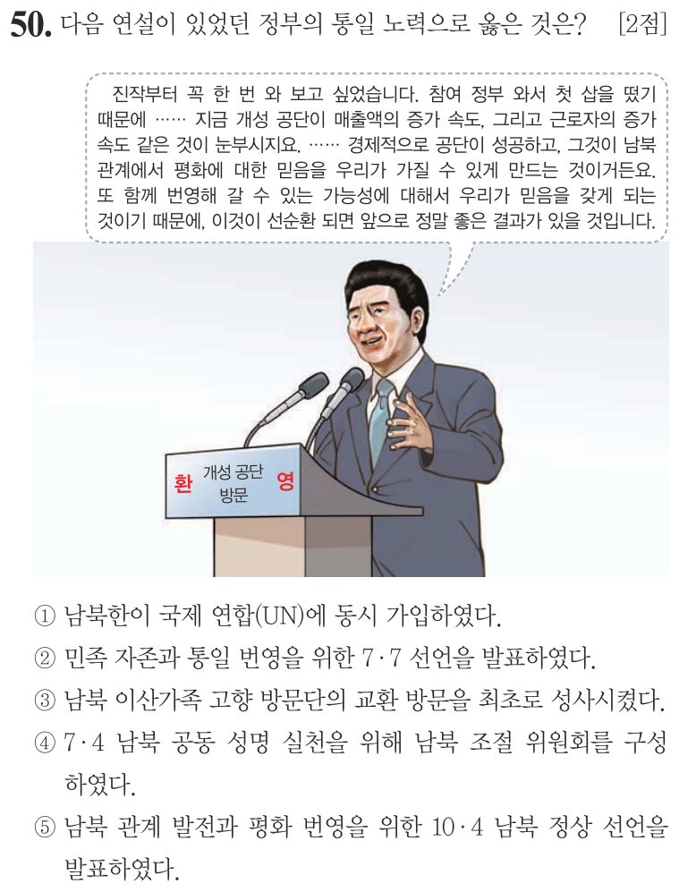 50번 문항: 다음 연설이 있었던 정부의 통일 노력으로 옳은 것은?