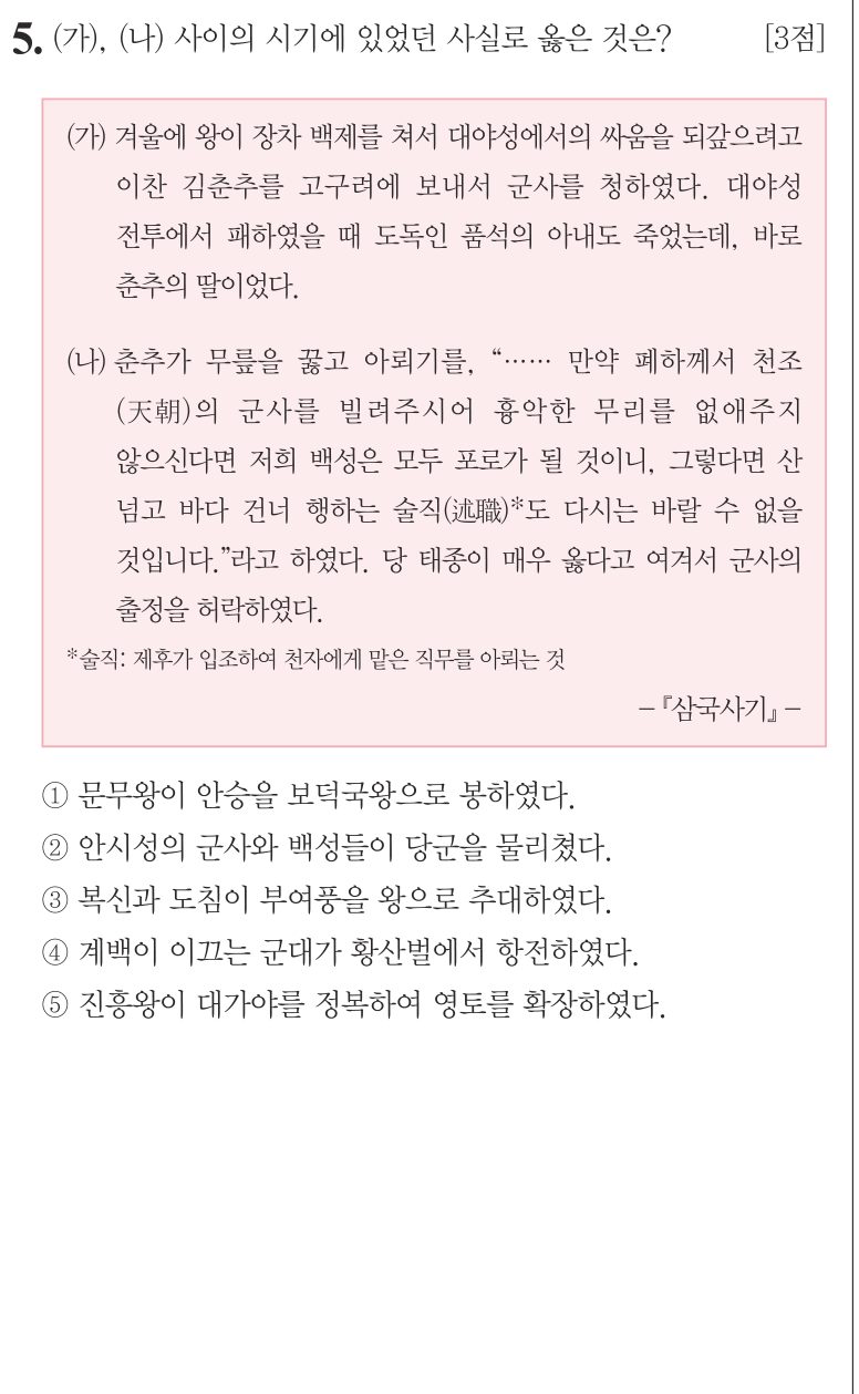 5번 문항: (가), (나) 사이의 시기에 있었던 사실로 옳은 것은?