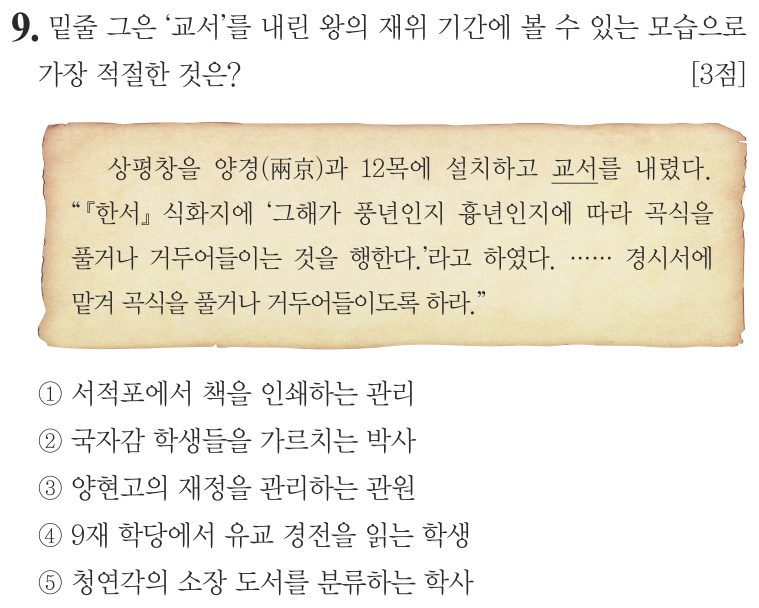 9번 문항: 밑줄 그은 ‘교서’를 내린 왕의 재위 기간에 볼 수 있는 모습으로 가장 적절한 것은?